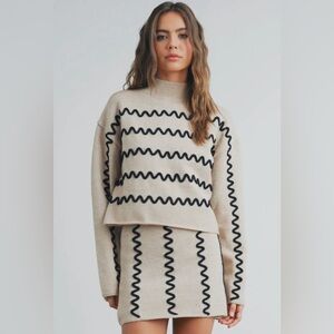 Beige and Black Wavy Pattern Sweater and Skirt Set